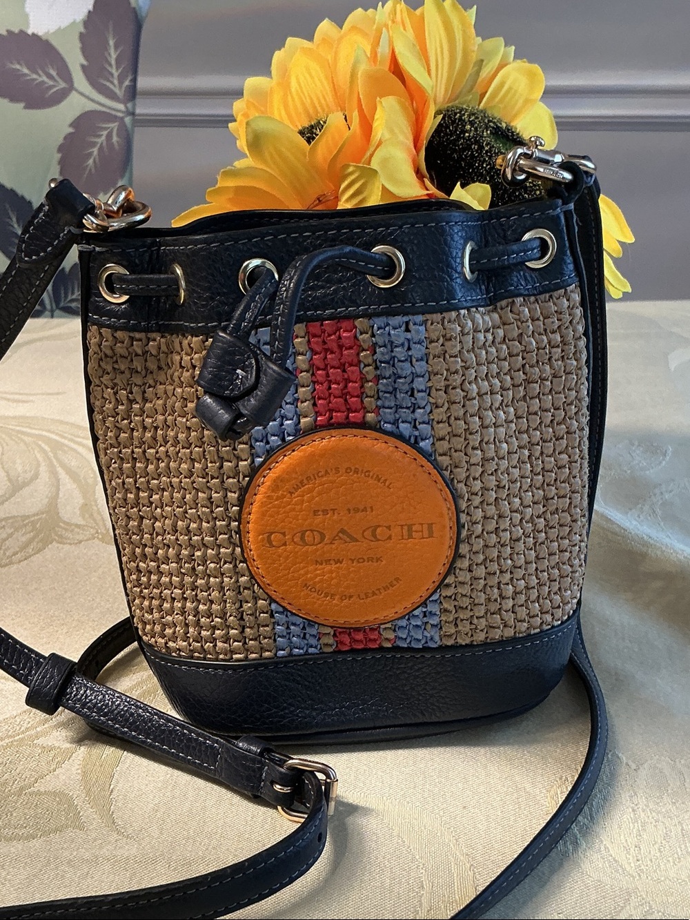 Coach Dempsey bucket Woven Straw Bucket Crossbody with Navy Trim